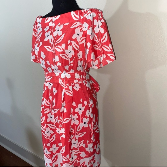 Eliza J Off The Shoulder Shift Dress In Coral White Floral Women's Size 2 - Picture 3 of 11